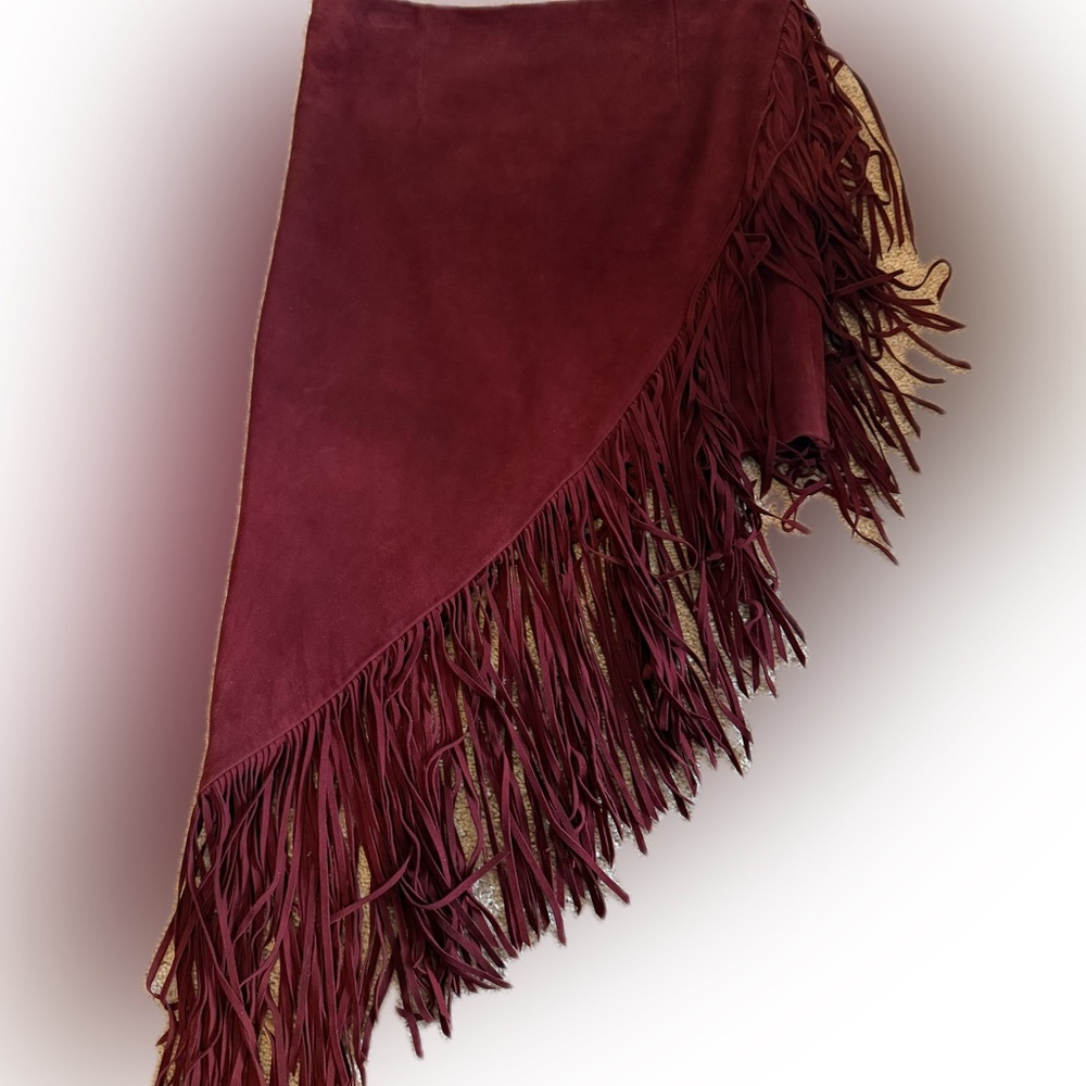 INTERMIX Burgundy Suede Fringe Skirt